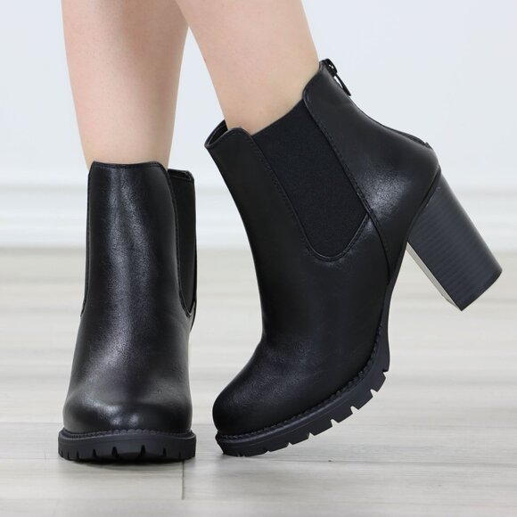 Womens Ankle Boots Lug Block Heel Black Synthetic Leather Round Toe Elastic Gore - Picture 5 of 13